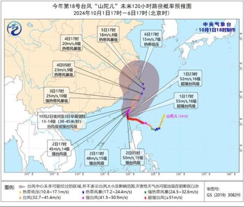 台风预警:“山陀儿”将于2日夜间至3日早晨在台湾岛沿海登陆